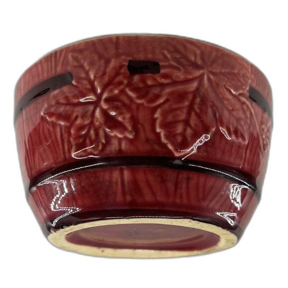VTG Rose & Burgundy Crockery Barrel Bowl with Leaf Relief Pattern 5.5"D x 3"H - Picture 2 of 5